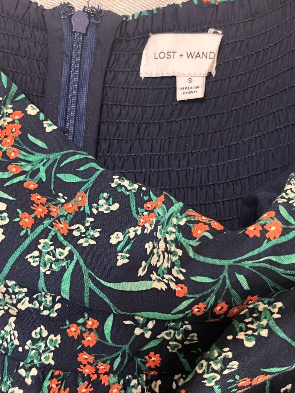 Anthro Lost + Wander Navy Blue Floral Wide Neckline 3/4 Puff Sleeve Maxi Dress S - Picture 7 of 11